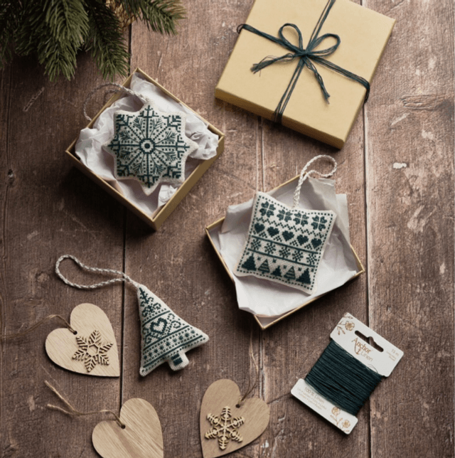 Cross Stitch Kit: Nordic Linen Christmas Decorations: Cream/Blue: Set of 3 by Anchor